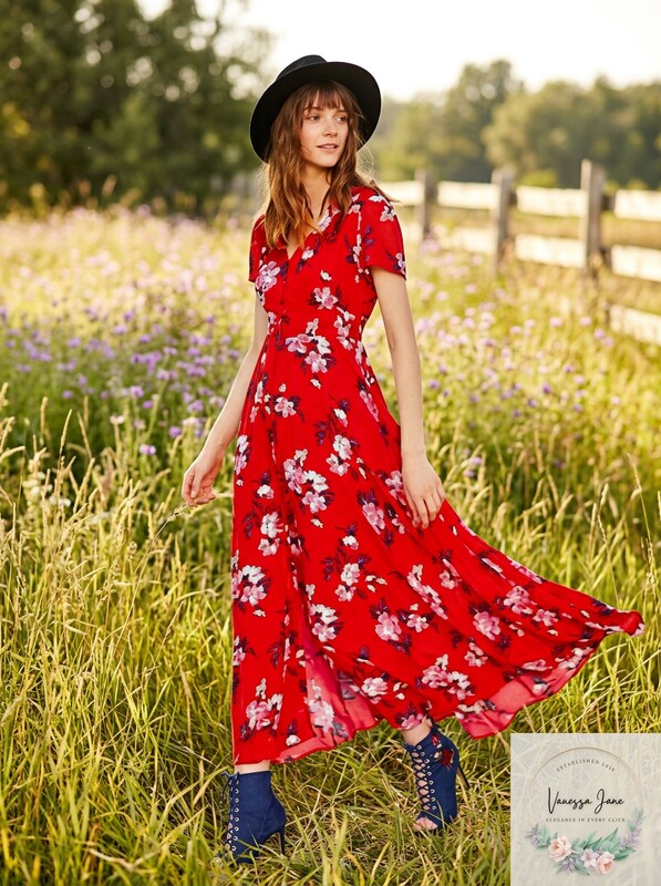 Band of Gypsies Red Floral Tiered Casual Maxi Dress, Size Xs