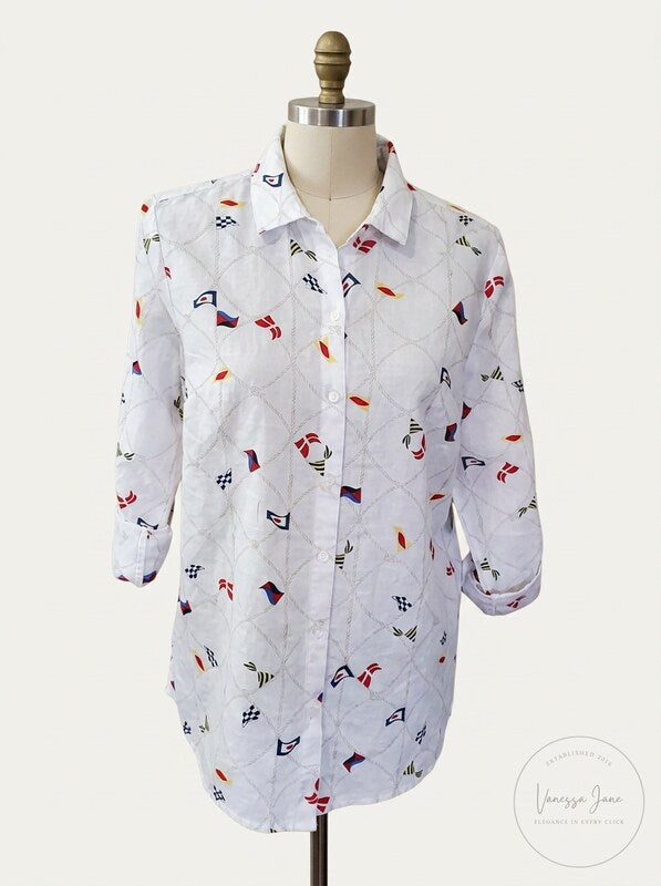 Charter Club Linen Nautical-Print Blouse, Size XS