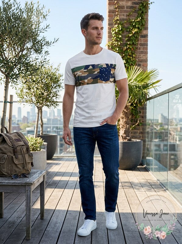 Sun + Stone Mens Chect Pocket Multi-Camo T-Shirt, Size Medium