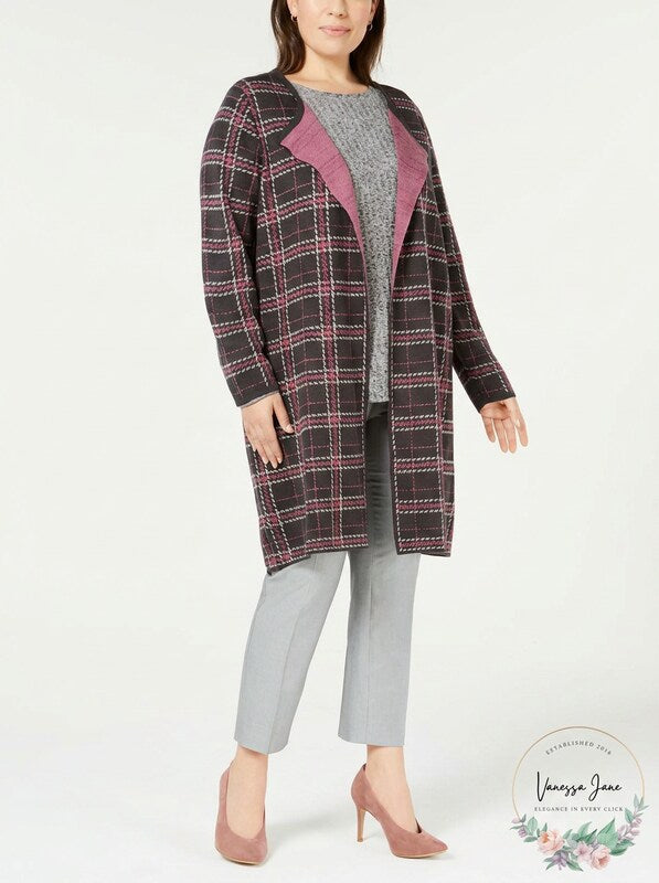 NY Collection Plus Size Jacquard Plaid Cardigan, Size 1X