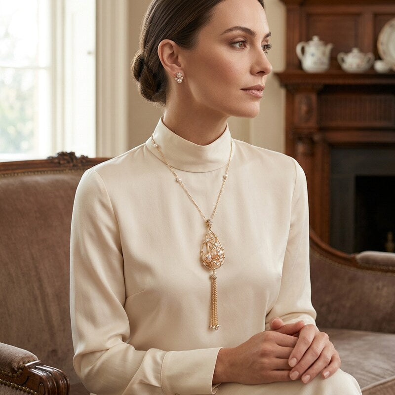 Carolee Pear Shaped Caged Pendant Tassel Necklace