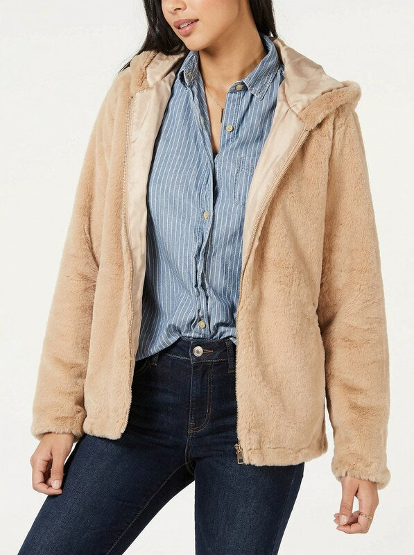 Style & Co Zip-Front Hooded Faux-Fur Jacket,Size Small Medium