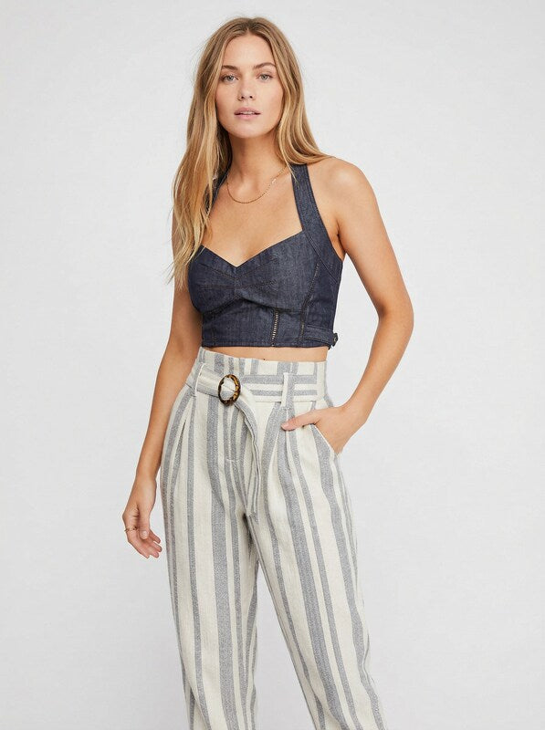 Free People Womens Blue Sleeveless Halter Crop Top, XS
