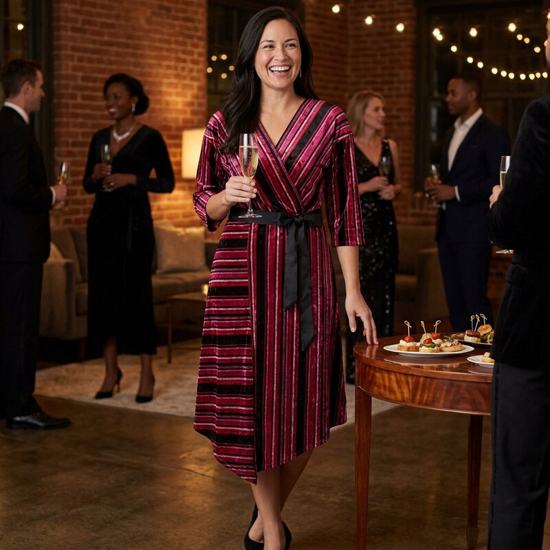 Ny Collection Striped Velvet Faux-Wrap Dress, Size Small