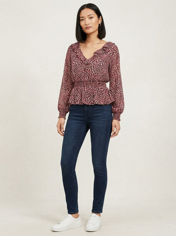 Bar III Womens Printed Double V Neck Peplum Top, Size XS