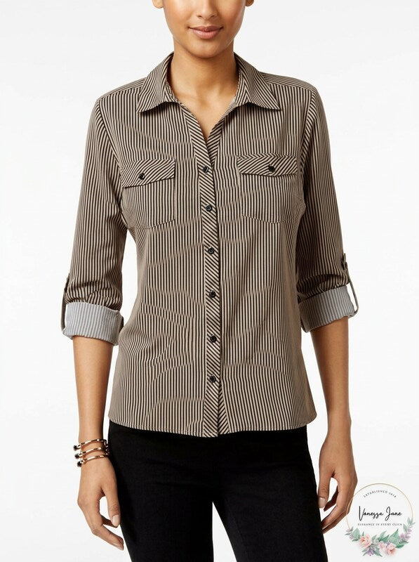 NY Collection Womens Petites Striped Utility Button-Down Top, Size PL