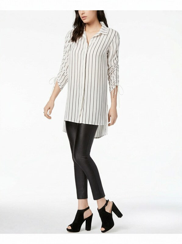 Bar III Womens White Button Down Ruched Sleeves 3/4 Sleeve Top,Size XS