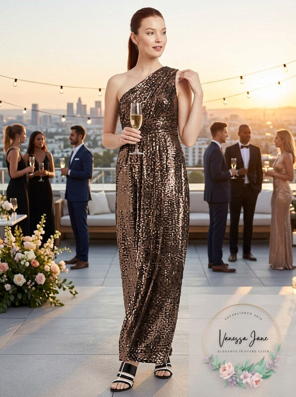 Calvin Klein Womens Metallic One Shoulder Evening Dress, Size 4