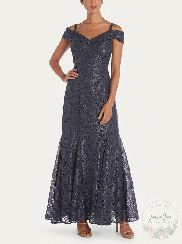 R & M Richards Off-the-Shoulder Lace Gown, 8