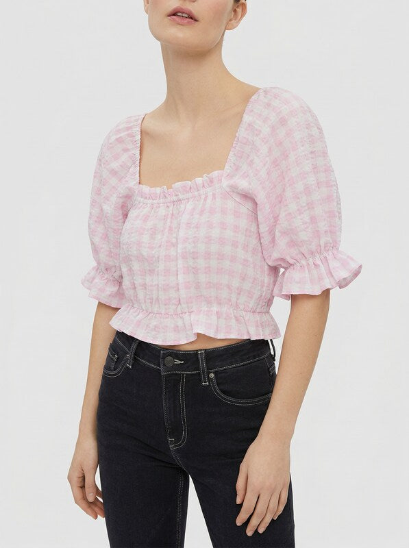 VERO MODA Gingham Crop Top in Snow White Checks Parfait Pink, Size XL