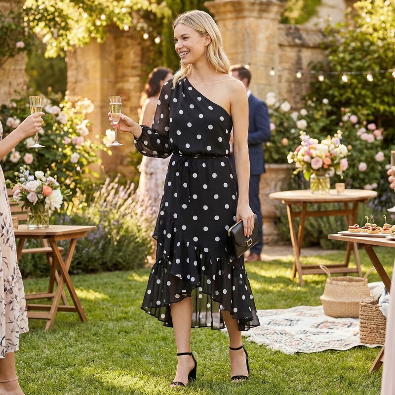 Lauren Ralph Lauren Womens Roshawna B/W Polka Dot Party Midi Dress Size 10