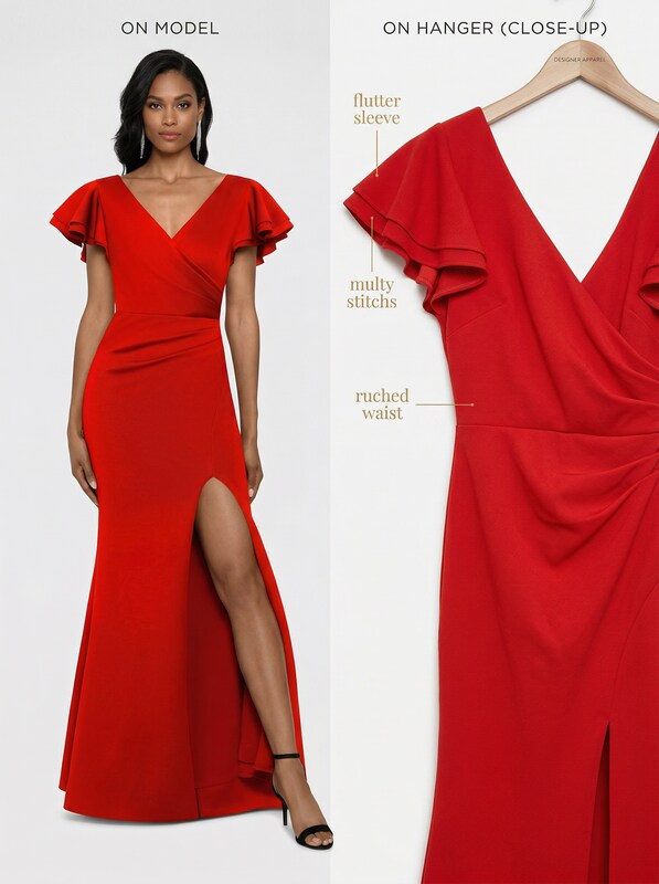 Betsy & Adam Ruffled-Sleeve Slit Scuba Gown, Size 8P