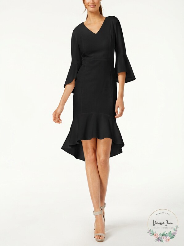 CALVIN KLEIN Womens Black Bell Cuff 3/4 Sleeve V Neck Dress Size: 4