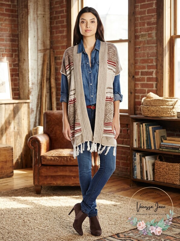 Fresh Womens Jacquard Aztec Print Cardigan Sweater With Fringe, Size Large