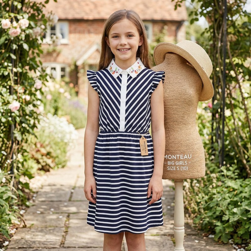Monteau Big Girls Embroidered Collar Striped Dress, Size Small