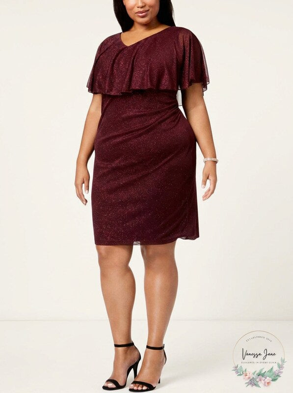 Connected Womens Plus Size Metallic Popover Dress, 14W/Bordeaux