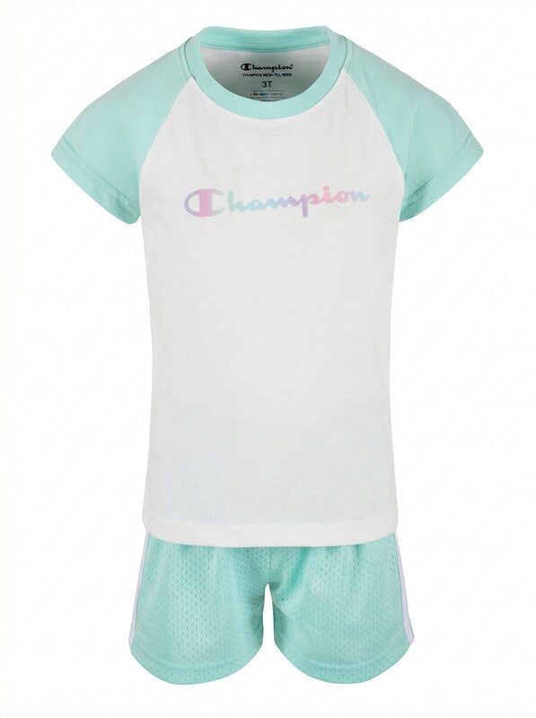 Champion Girls 2PC Mint Green Raglan Shirt Mesh Shorts Set Outfit, 3T