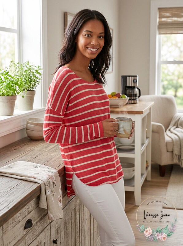 Maison Jules Womens Long-Sleeve Striped Lightweight Sweater Top Size XXL, Coral