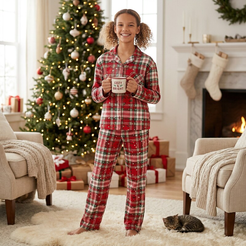 Justice Girls Christmas Pajama Set Sparkle Plaid Holiday, Size 8