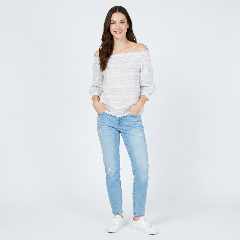 INC Womens Striped Smocked Peasant Top,Size Petite PP