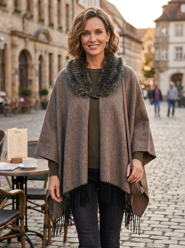 Charlie Paige Faux Fur Brown Cape with Fringe One Size