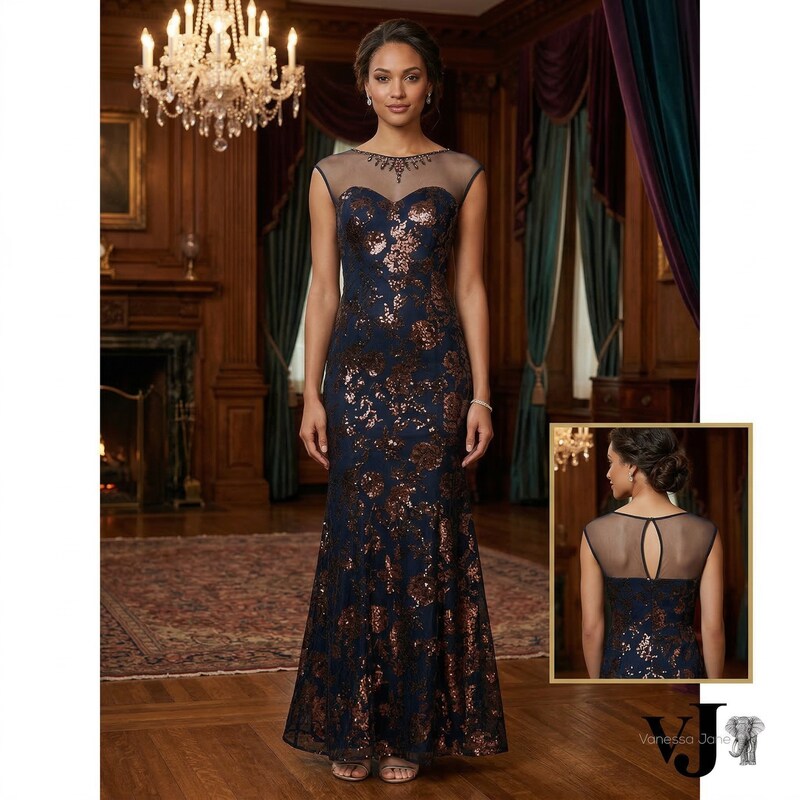SL Fashions Sequined Illusion Gown Size 14