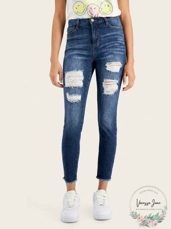Dollhouse Destructed High-Rise Raw-Hem Skinny Jeans, Size 9–10