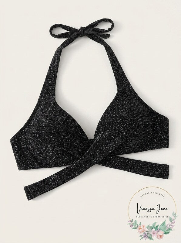 Bar III Shimmer Twist-Halter Bikini Top, Black, Size Small