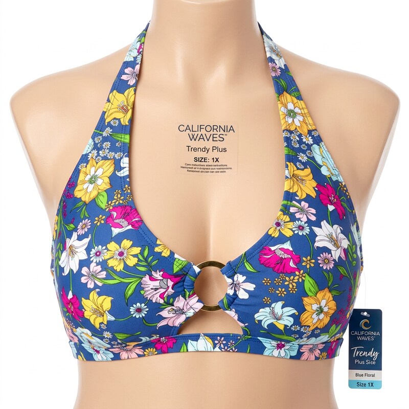 California Waves Trendy Plus Size Ring Front Bikini Top – Blue Floral, Size 1X