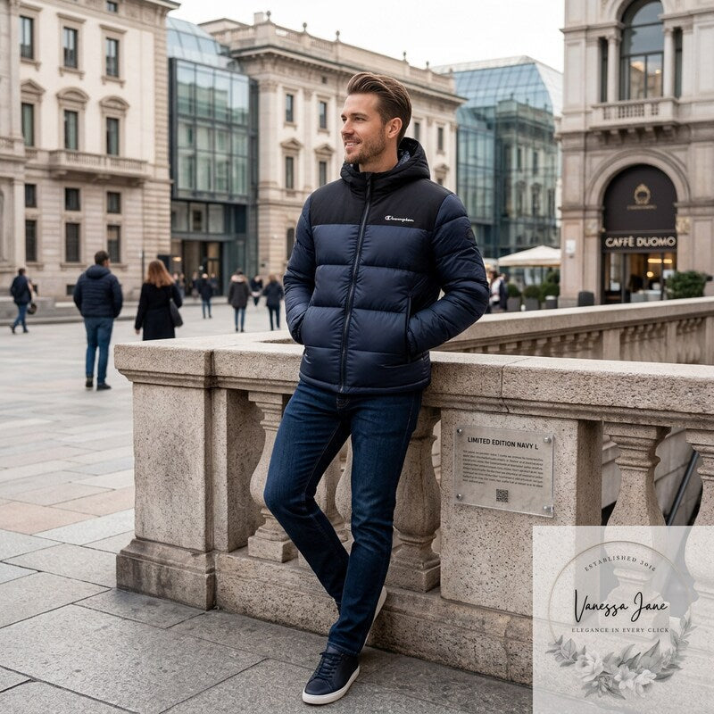 Champion Mens Contrast Lightweight Padded Hooded Jacket, Limited Edition Navy L