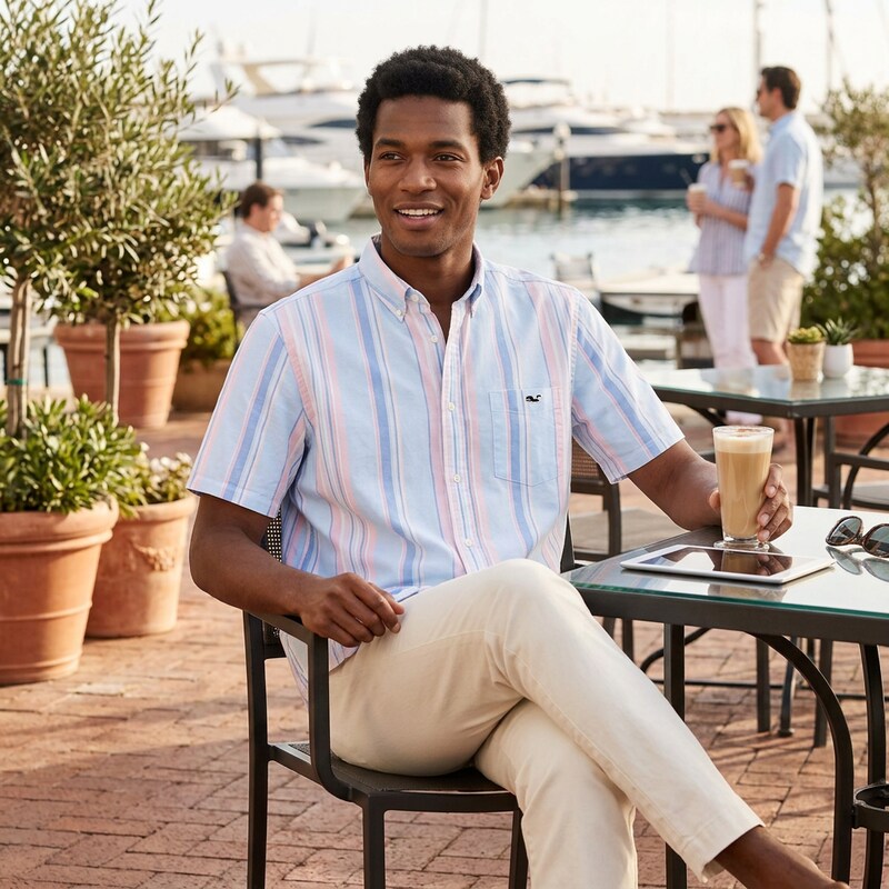 Vineyard Vines Mens Stretch Cotton Short-Sleeve Awning Stripe Shirt, Size Large