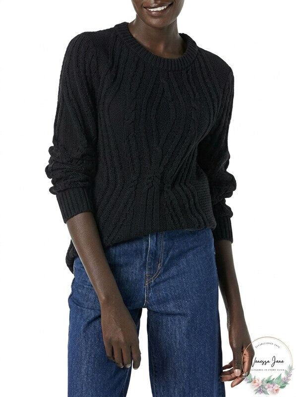 Amazon Essentials Womens 100% Cotton Crewneck Cable Sweater, Black, Medium