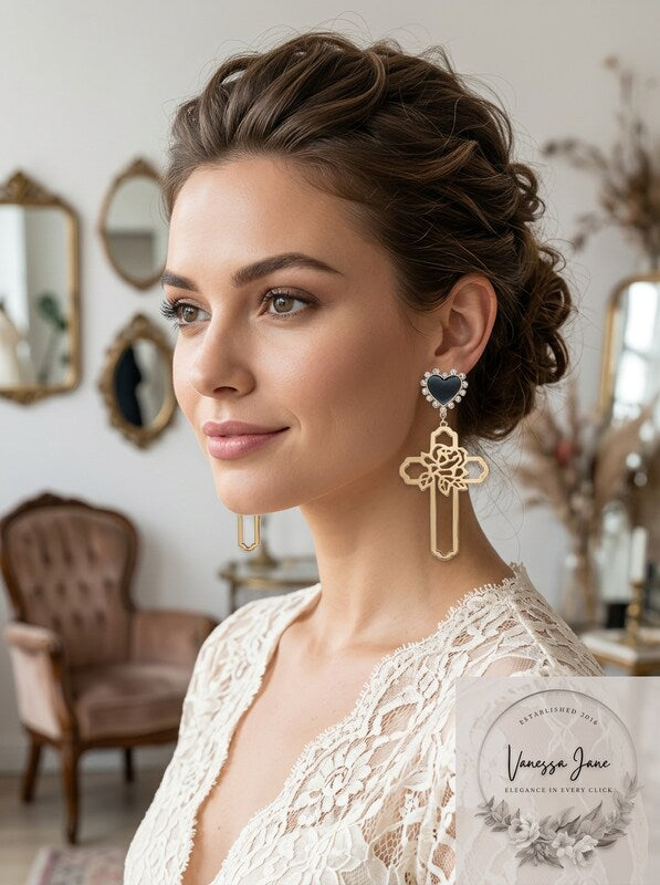 Thalia Sodi Gold-Tone Rose-Cross and Heart Stud Drop Earrings