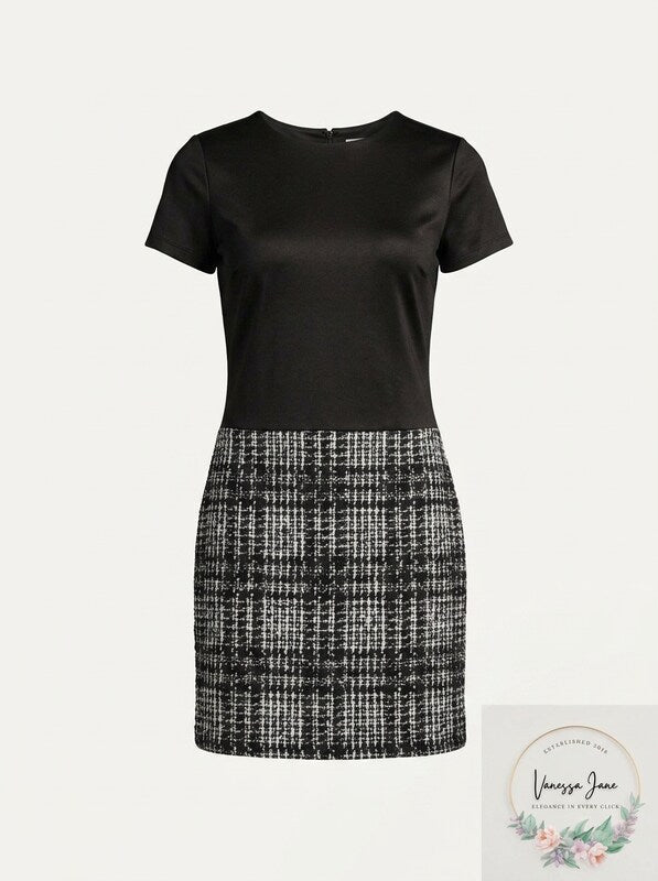 Calvin Klein Women's Black Zippered Plaid Short Sleeve Dress, Size 1
