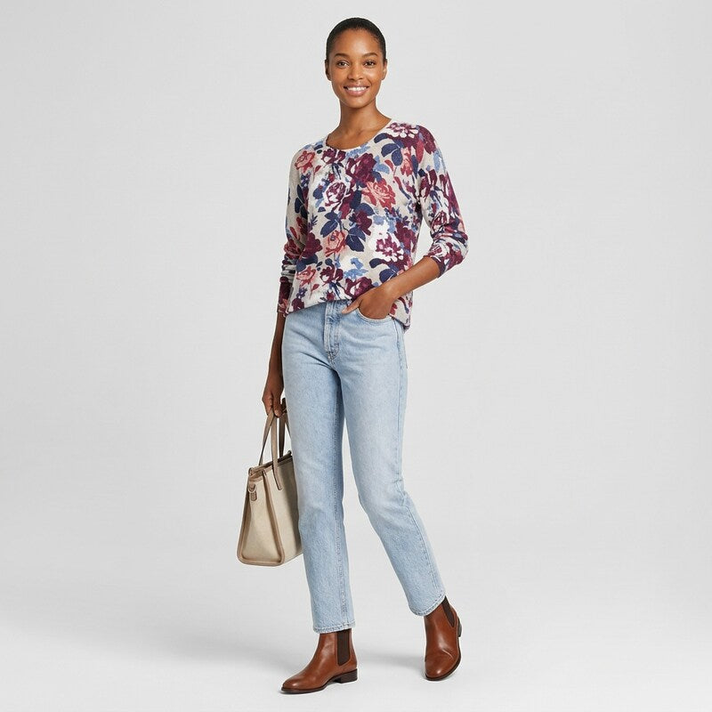 C by Bloomingdales Floral Print Cashmere Sweater, Size Medium