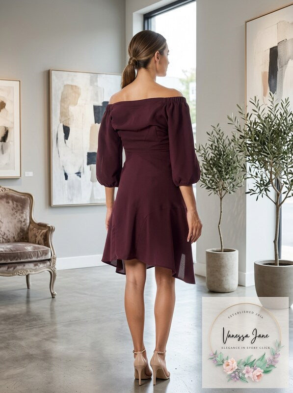 Bar III Burgundy Kimono Sleeve Off Shoulder Fit & Flare Formal Dress, Size 10