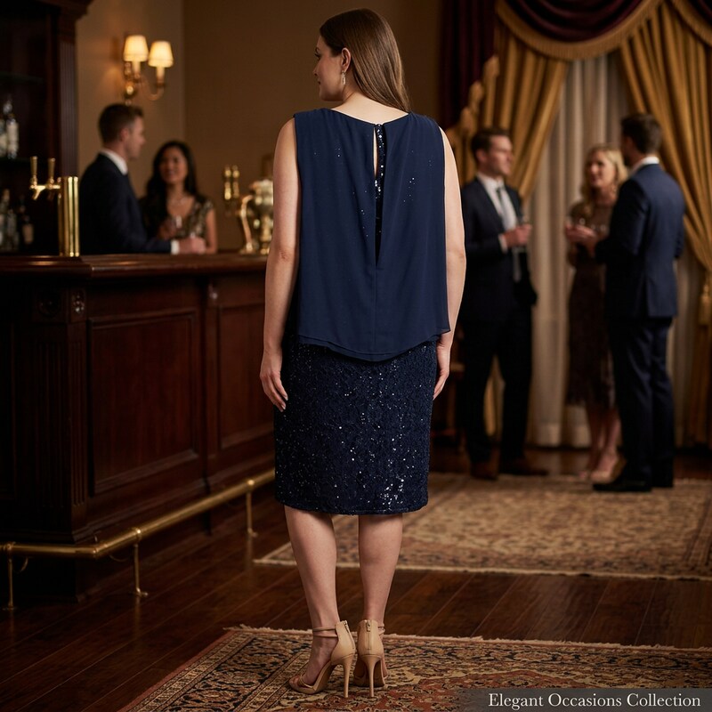 SLNY Womens Navy Embellished  Sheer Overlay Sheath Formal Dress Plus Size: 16W