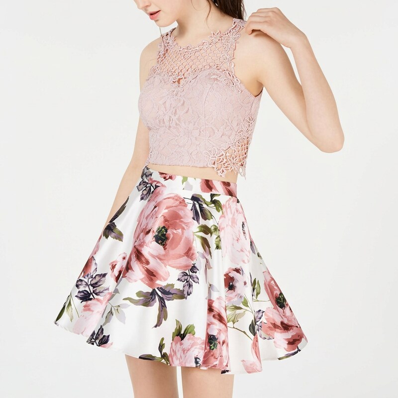 City Studios Juniors? Solid Top & Floral Skirt, Pink, Size 7