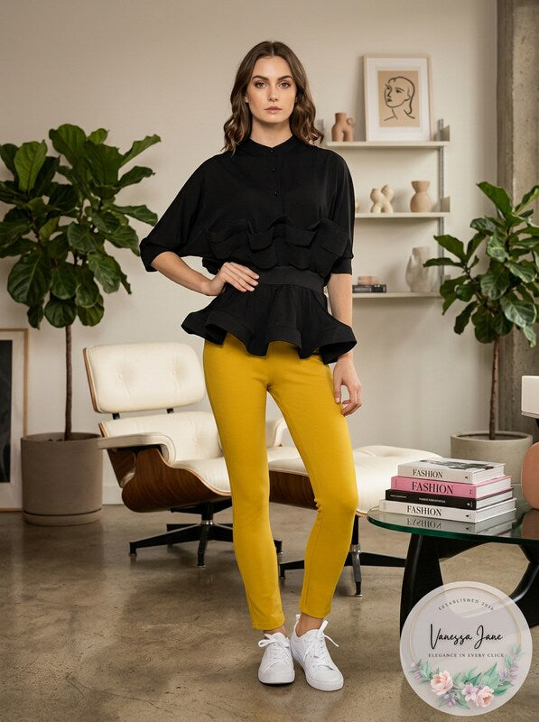 Gracia Stretch Ruffled Sheer Elbow Sleeve Crew Neck Peplum Top, Size Medium