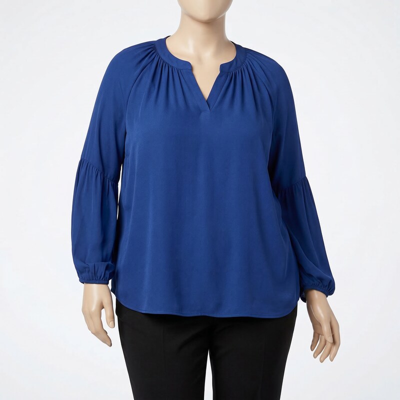 Ny Collection Blouse Navy Plus Split Neck Bishop Sleeve,Size 2X