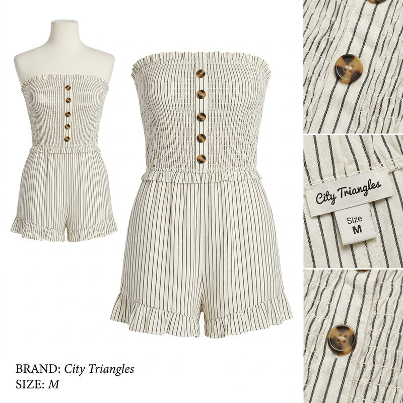 City Triangles Strapless Smocked Striped Romper Cream/Black Size M