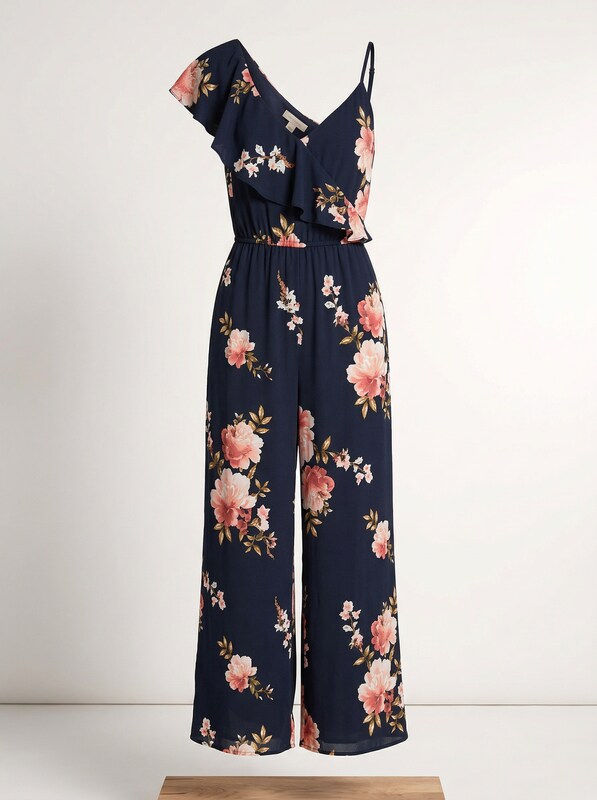 Aqua Asymmetric Floral Wide-Leg Jumpsuit, size Small