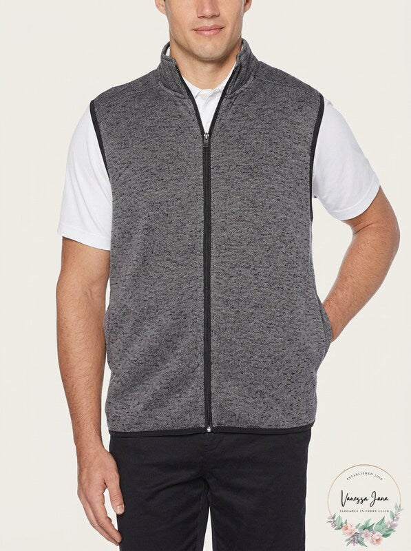 Pga Tour Mens Black Heather Fleece Back Vest,Size Medium