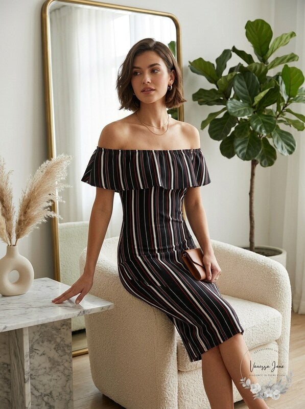 Juniors Almost Famous Striped Off The Shoulder Sheath Dress, Size Large