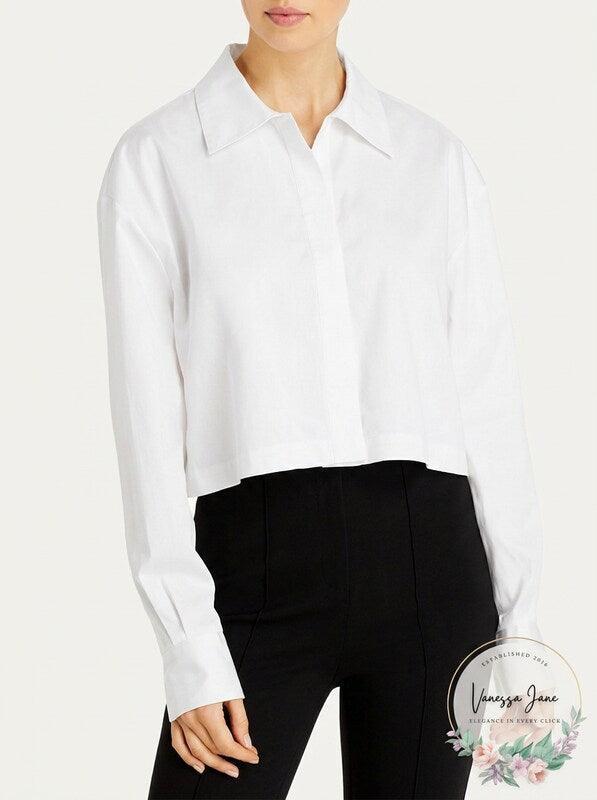 Norma Kamali Boyfriend Neck Cropped Button Front Shirt, Size S