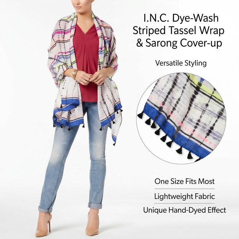 I.n.c. Dye-Wash Striped Tassel Wrap & Sarong Cover-up One Size