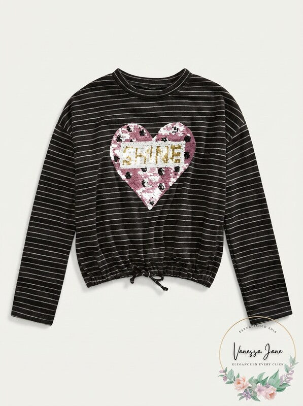 Belle Du Jour Big Girls Sequined Heart Drawstring Shirt, Size XL