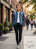 Almost Famous Juniors Varsity-Stripe Ripped Denim Jacket,XL
