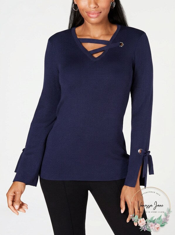JM Collection Women's Grommet Trim V Neck Top Blue Size Small