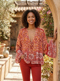 Free People Womens Lorraine Boho-Print Tie-Front Top, Orange Multi, Size Small
